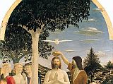 London National Gallery Top 20 01 Piero della Francesca - The Baptism Of Christ Piero della Francesca - The Baptism of Christ, 1440-45, 167 x 116 cm. This painting of Jesus being baptized by John the Baptist was voted #9 in the 2005 BBC Greatest Painting in Britain Poll. A line from the apex of the arched top runs through the beak of the foreshortened white dove of the Holy Spirit, through the trickle of water from the equally foreshortened bowl held by John, its rim catching the sunlight, down the middle of Christs face, and through his reverently clasped hands, ending in the heel of his right foot, on which his weight is supported. The three angels on the left wait to dry and clothe Christ, while to the right of John, a man preparing to be baptized gets undressed. The landscape reveals Piero as a master of spatial depth, as evidenced in the river Jordan winding its way into the background and mirroring the landscape around it.